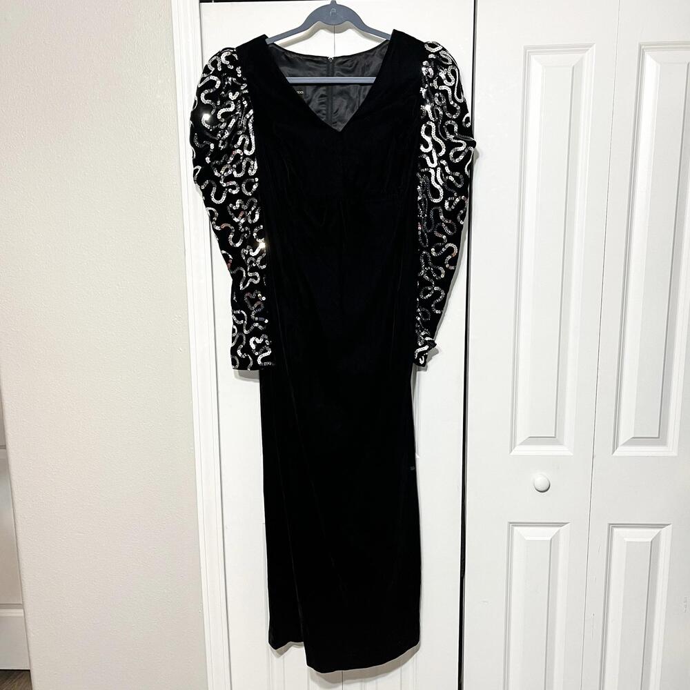 Vintage Scott McClintock Dress Womens L Black Velvet Sequin Sleeve Maxi Formal
